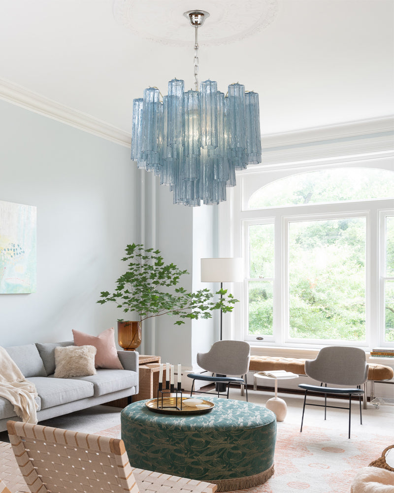 Elegant  Murano Hand-blown Blue Glass Tube Multi-Tier Chandelier in Silver Frame