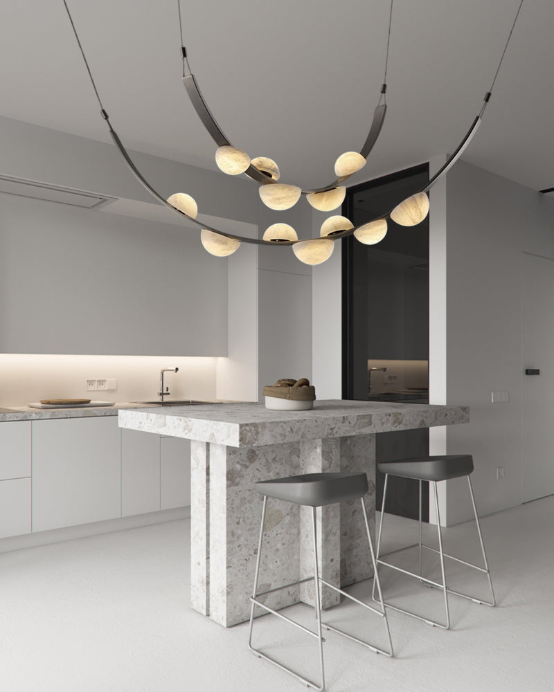 Leather pendant lamps with semicircular marble diffusers on a U-shaped strip metal base