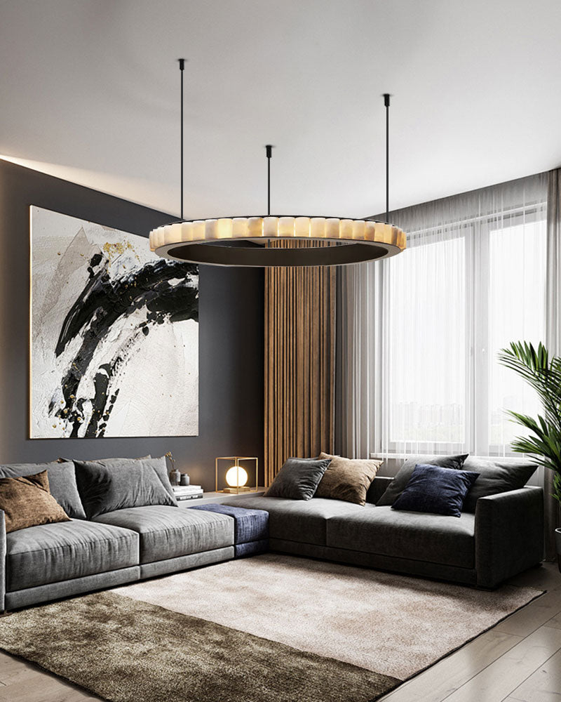 Single/Double/Triple ring pendant lamp in black steel with alabaster shadow for villa lobby living room