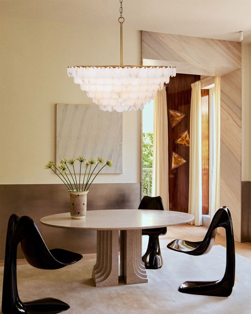Cascada Alabaster Disc Multi Tiered Chandelier - Natural Spanish Alabaster, Lux Gold Trim - Dining Rooms and Living Rooms
