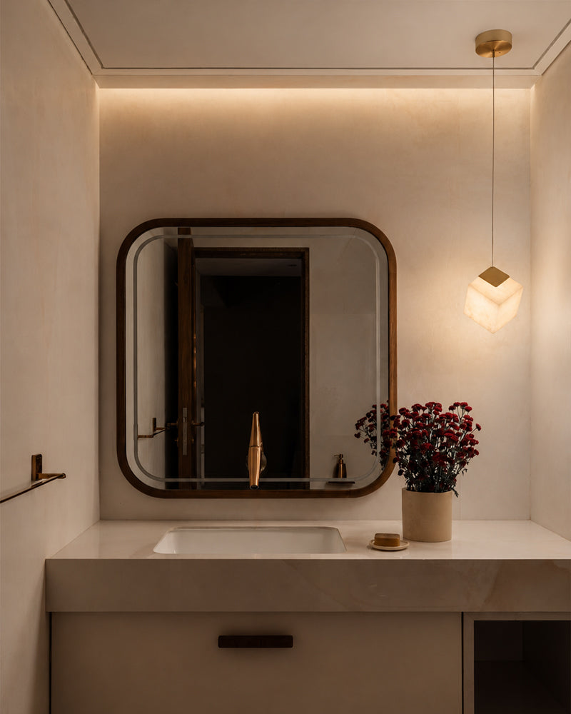 Alabaster Cube Cluster Sculptural Pendant Light - Natural Spanish Alabaster, Lux Gold Trim - Lobby, Foyer, Stairwells and High Ceilings