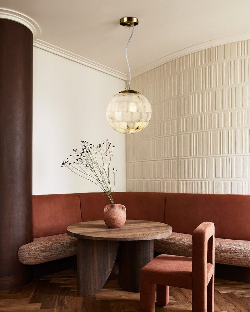 Alabaster Cascading Shell Globe Multi Ball Pendant Light - Natural Spanish Alabaster Spheres, Lux Gold Trim - Kitchens, Dining & Living Rooms