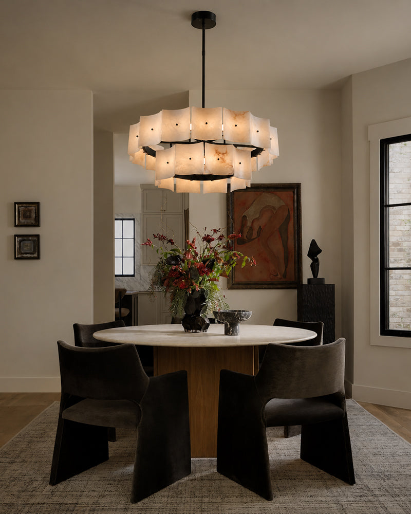 Alabaster Studded Curved Panel Double Tier Drum Chandelier - Natural Spanish Alabaster,  Serene Black Trim - Kitchen, Dining Rooms & Living Rooms