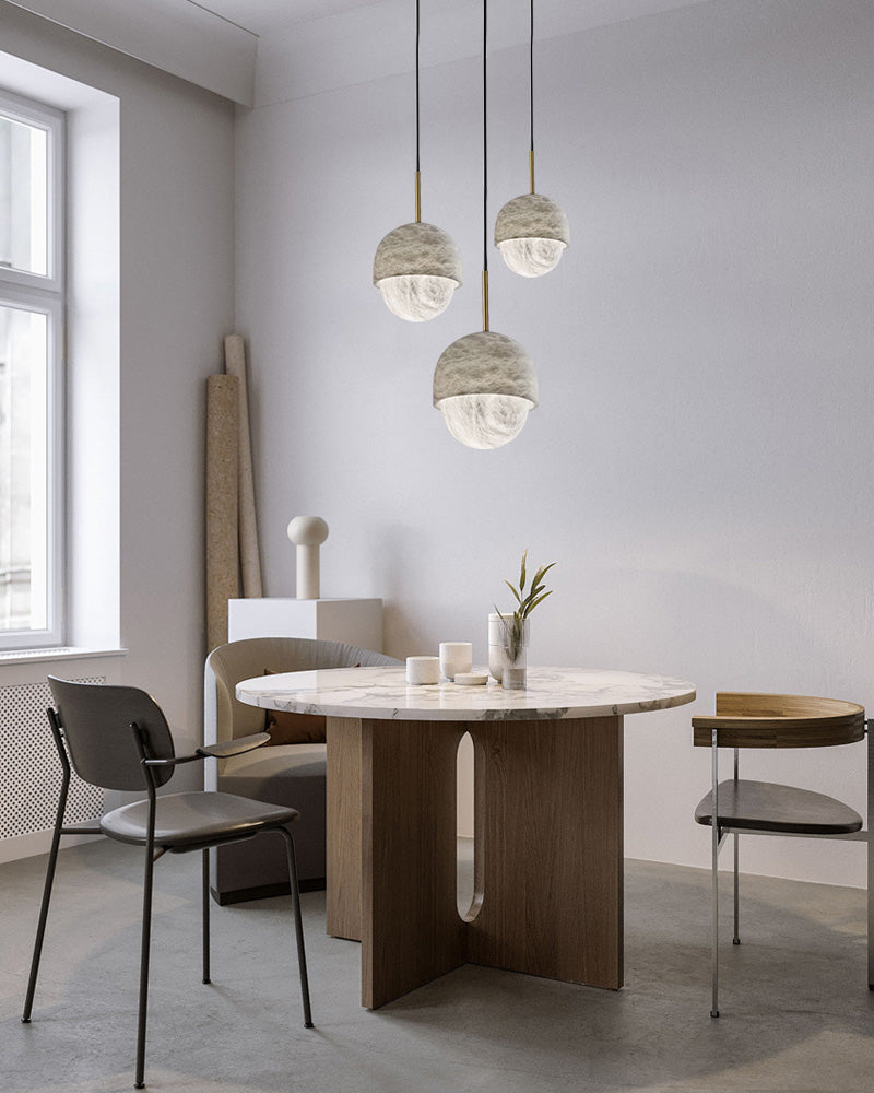 WHITE MARBLE AND BRASS GLOBE PENDANT LIGHT