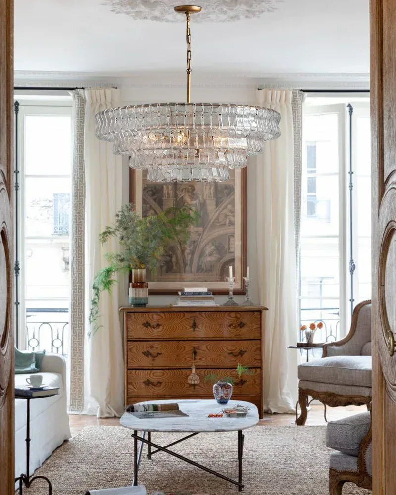 LightsStory Series Ethereal Chandelier | Tiered Round Textured Curved Glass and Aluminum Chain, Plated-Brass or Black Accents for Dining Rooms and Living Areas American chandelier