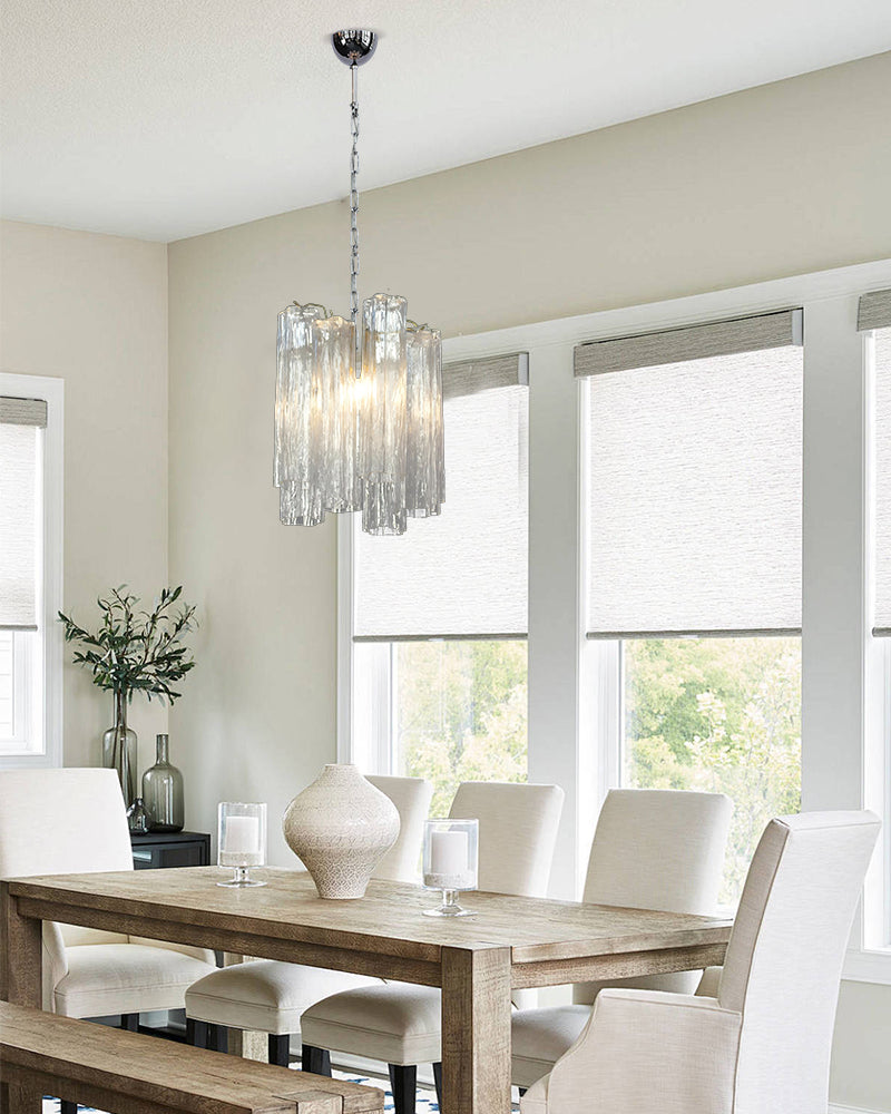 Classic Murano Transparent Glass Tube Chandelier Brushed Gold & Chrome Frame