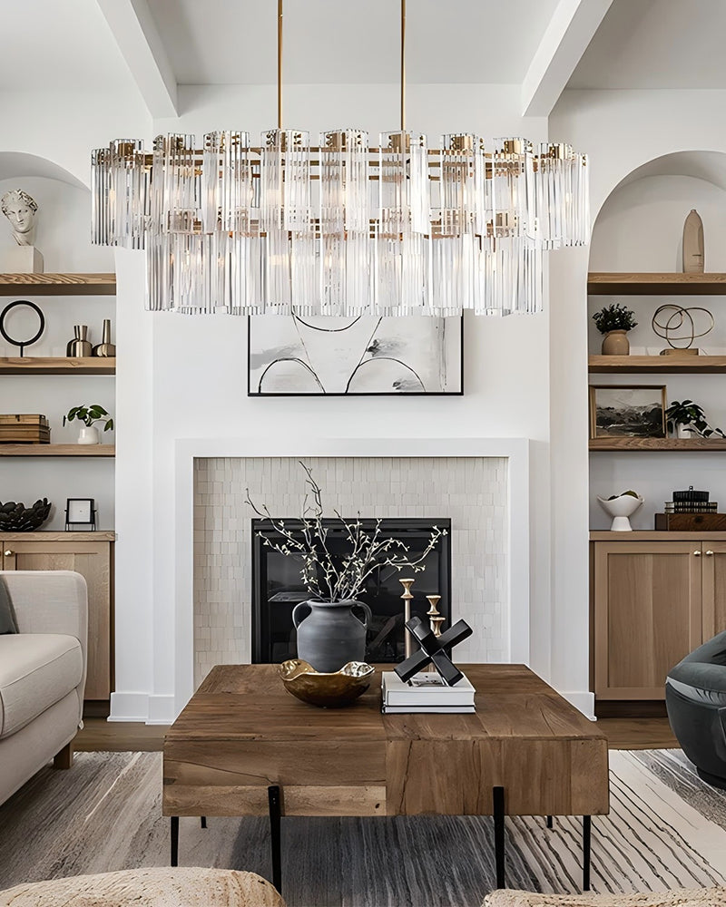 Art Deco-Inspired 2-Tier Oval Clear Smoke Glass Big Chandelier | Brushed Black/Brass Steel