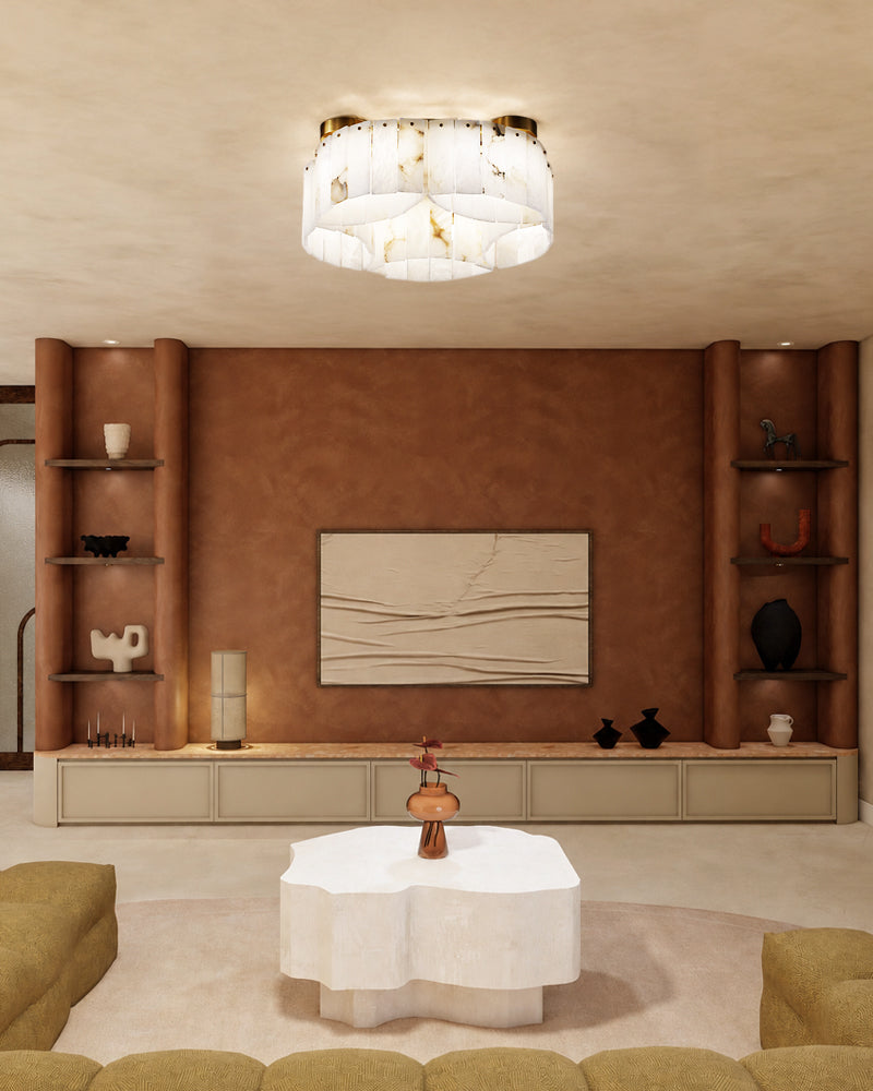 Alabaster Concentric Swirl Ceiling Light - Natural Spanish Alabaster, Flush Mount, Heritage Brass Trim - Bedrooms, Hallways, Bathrooms & Living Rooms