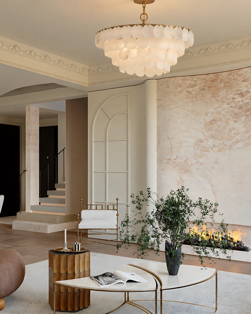 Cascada Alabaster Disc Multi Tiered Ceiling Light - Natural Spanish Alabaster, Semi Flush Mount, Lux Gold Trim - Living Rooms, Bedrooms & Dining Rooms