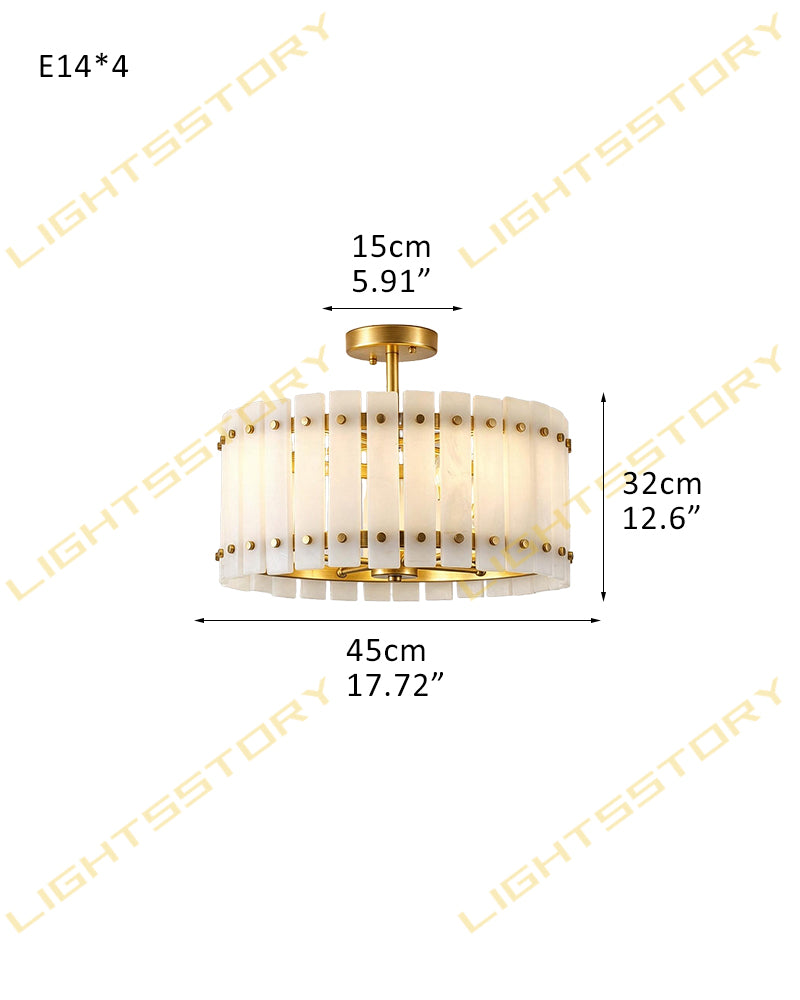 Val D’Isère Alabaster Studded Drum Ceiling Light - Semi Flush Mount, Lux Gold Trim - Living Rooms & Dining Rooms
