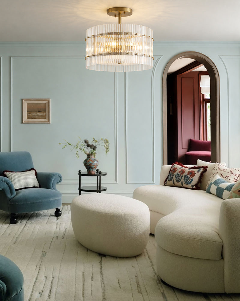 Solstice Aura Fluted Glass Drum Ceiling Light - Semi Flush Mount, Lux Gold Trim - Living Rooms, Dining Rooms & Hallways