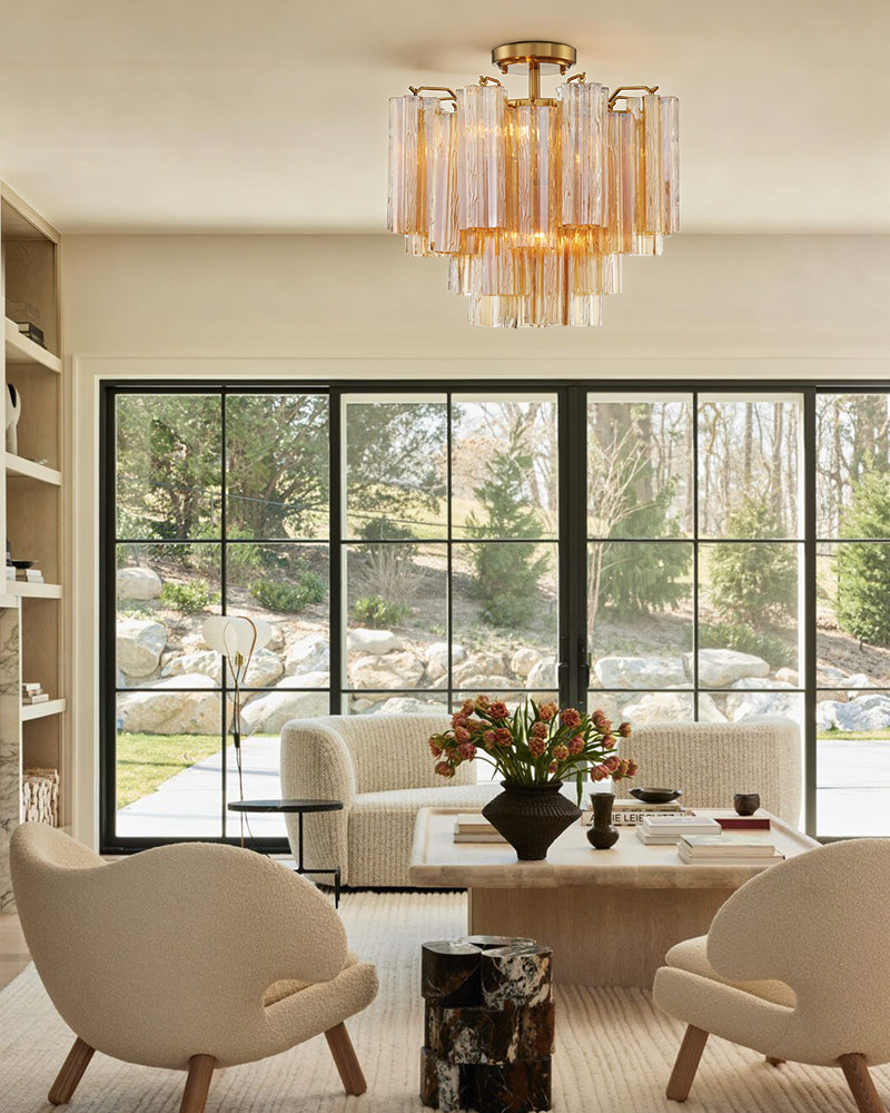 Murano Multi-tiered Glass Tubes Flush Mount Wide 18in Ceiling Lamps|Brass/Black Disc Base Modern Ceiling lamp