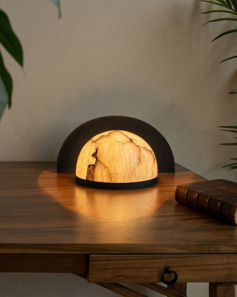 Eclipse Alabaster Sphere Table Lamp with Matte Black/Brass Shroud Modern Table lamp