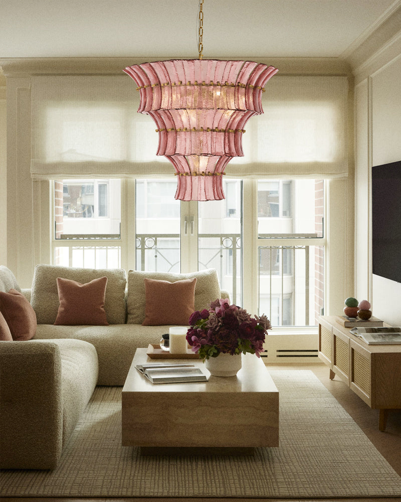Ghiaccio Glass Blush Pink Prism Multi Tiered Waterfall Chandelier - Heritage Brass Trim - Living Room & Dining Room