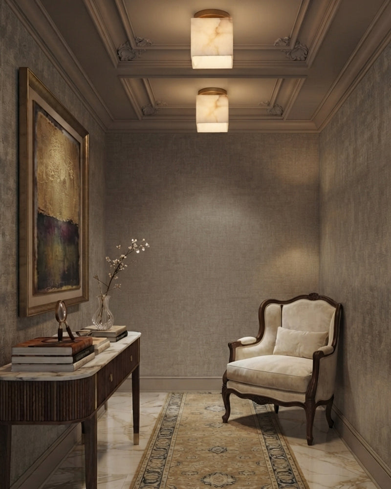 Alabaster Cube Ceiling Light - Natural Spanish Alabaster, Flush Mount, Heritage Brass Trim - Bedrooms, Hallways, Bathrooms & Living Rooms