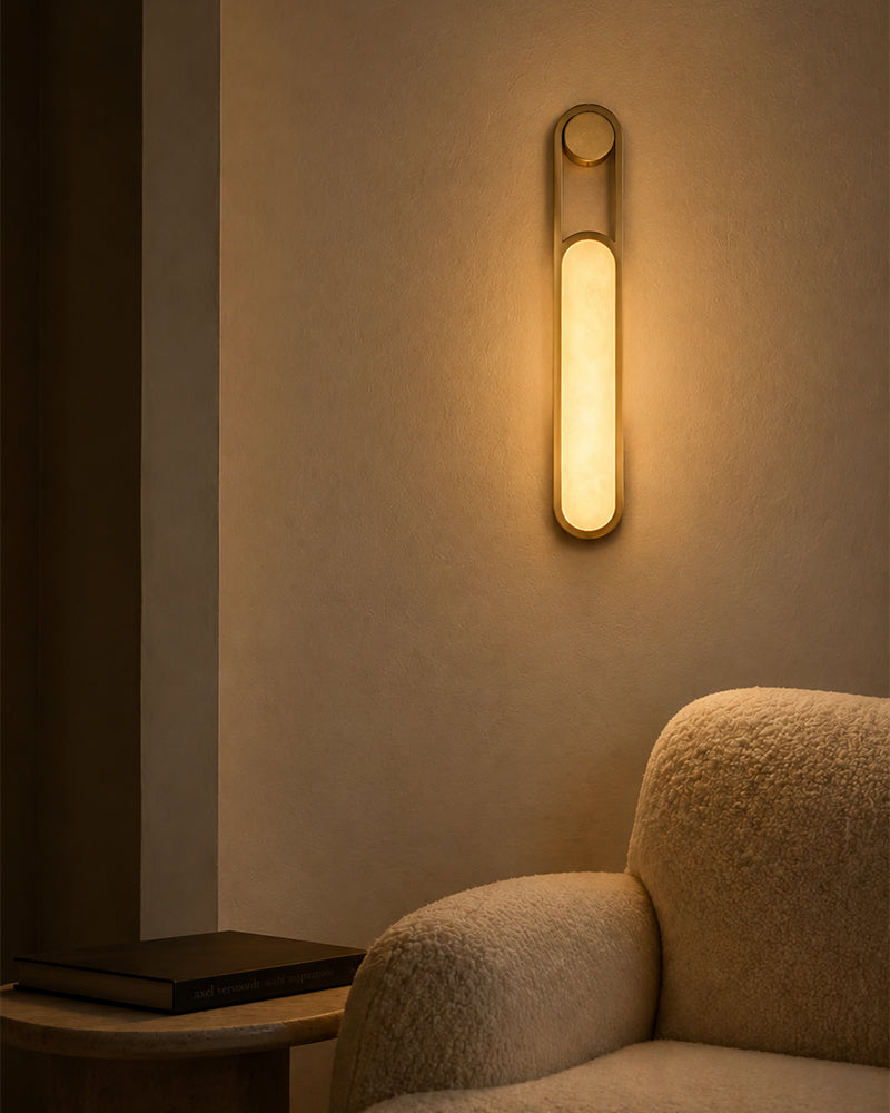 Alabaster Elongated Oval Capsule Gold Mounted Wall Light Sconce - Natural Spanish Alabaster Wall Lamp - Bedroom & Living Room