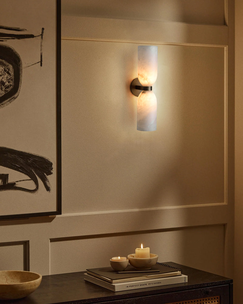 Double 2 lights Alabaster Tandem Wall Lamp in Unique Brass/Black Metal Framework