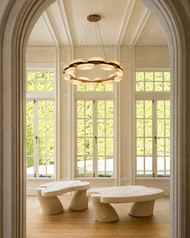 Alabaster Cluster Ring Disc Circular Pendant Light - Natural Spanish Alabaster, Lux Gold Trim - Kitchens, Dining & Living Rooms