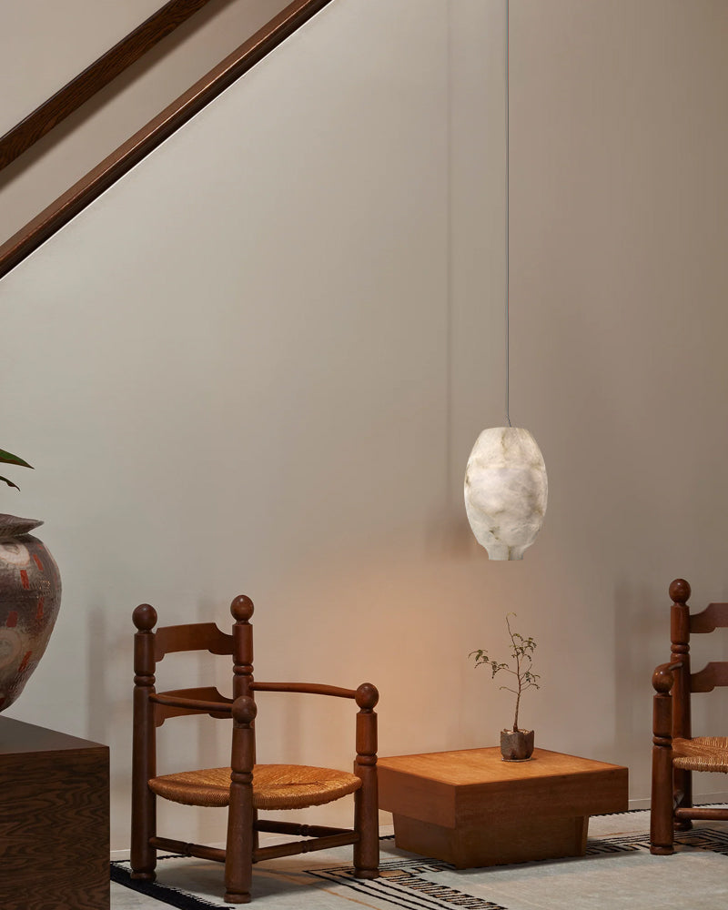 Alabaster Sculptural Geometric Tear Drop Pendant Light - Natural Spanish Alabaster, Lux Gold Trim - Kitchens, Dining & Living Rooms
