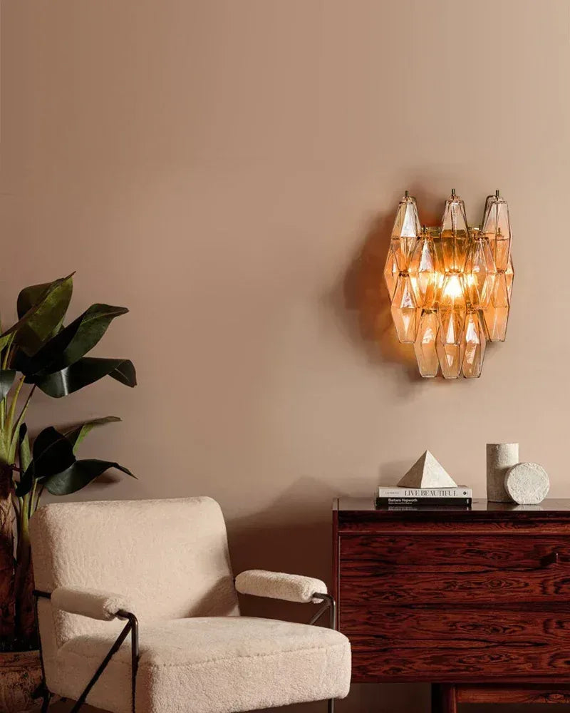 LightsStory Series Cascading Wall Sconce | Tiered Handblown Glass Handblown glass polyhedrons on a tiered steel frame, Multicolor Blown Glass Options for Eclectic living spaces and modern entryways American Vintage chandelier lamp