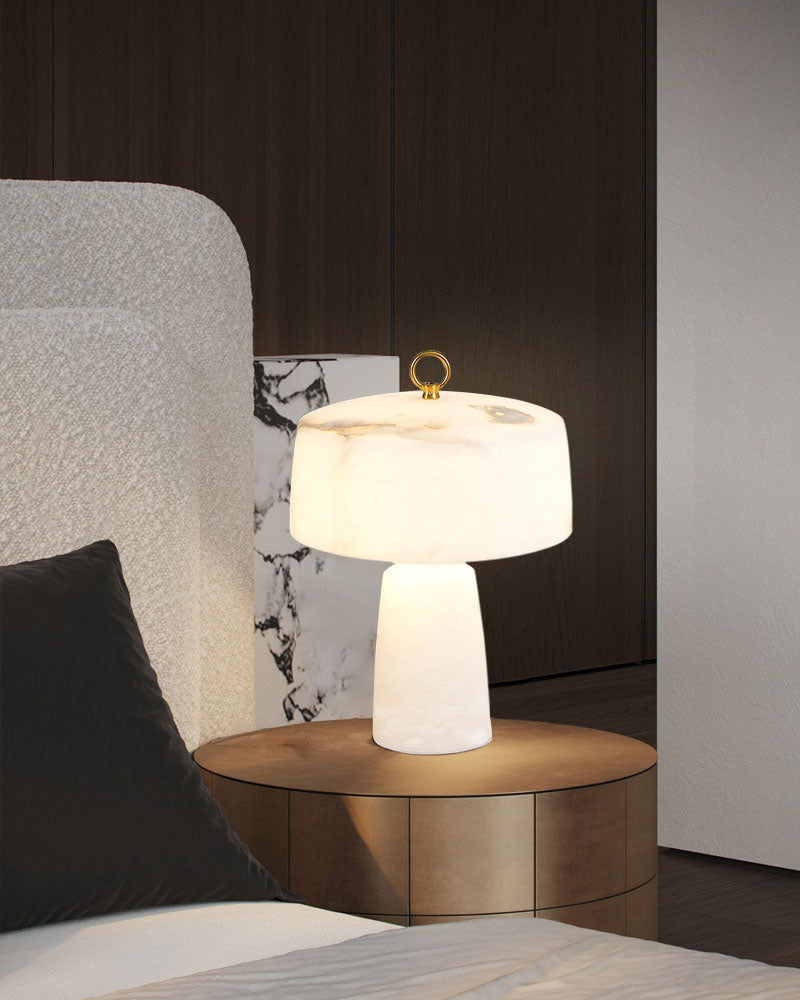 G9 cloud stone table lamp with copper pole on wooden nightstand