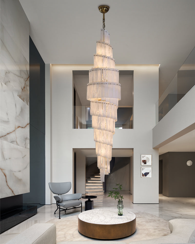 Stairwell Luxury Modern LED High Ceiling Large Alabaster Chandelier, Dia 90“/115"