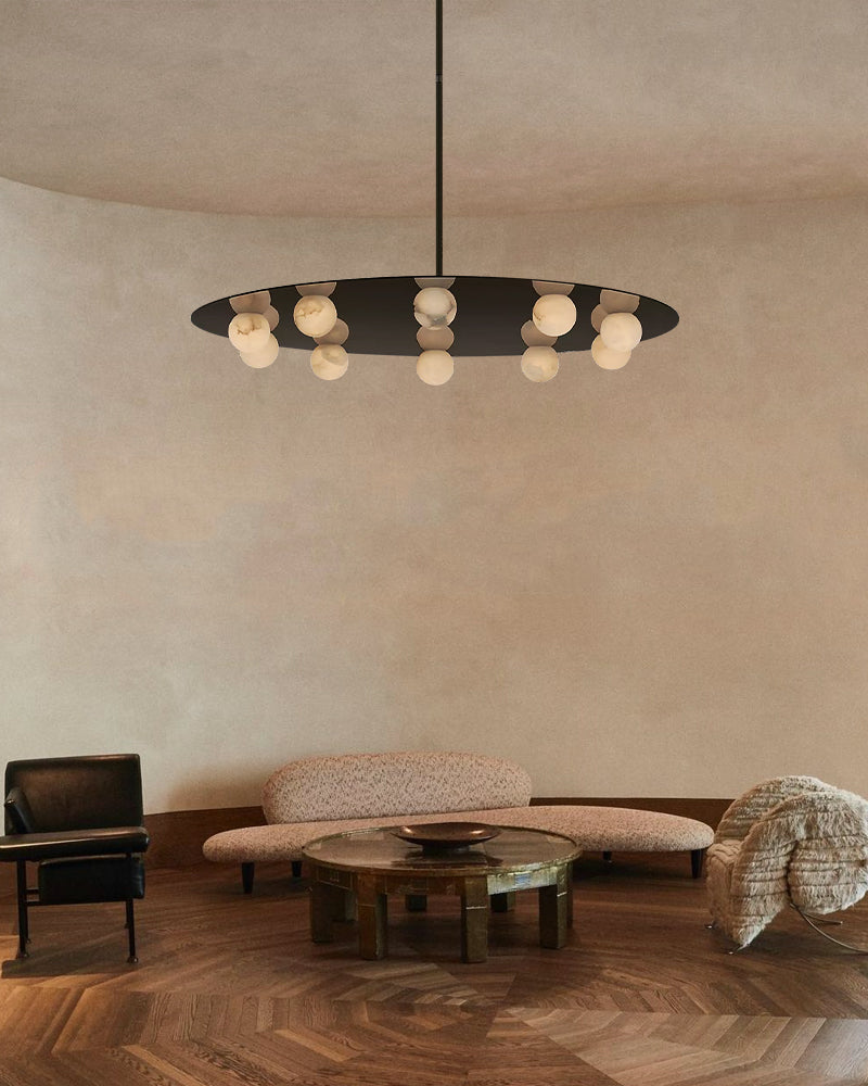 Alabaster Sphere Globes Gold Disc Canopy Pendant Light - Natural Spanish Alabaster Orbs, Lux Gold Trim - Kitchens, Dining & Living Rooms