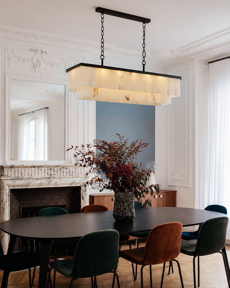 Stowe Alabaster Panel Tapered Canopy Linear Chandelier - Natural Spanish Alabaster, Serene Black Trim - Kitchen Islands & Dining Rooms