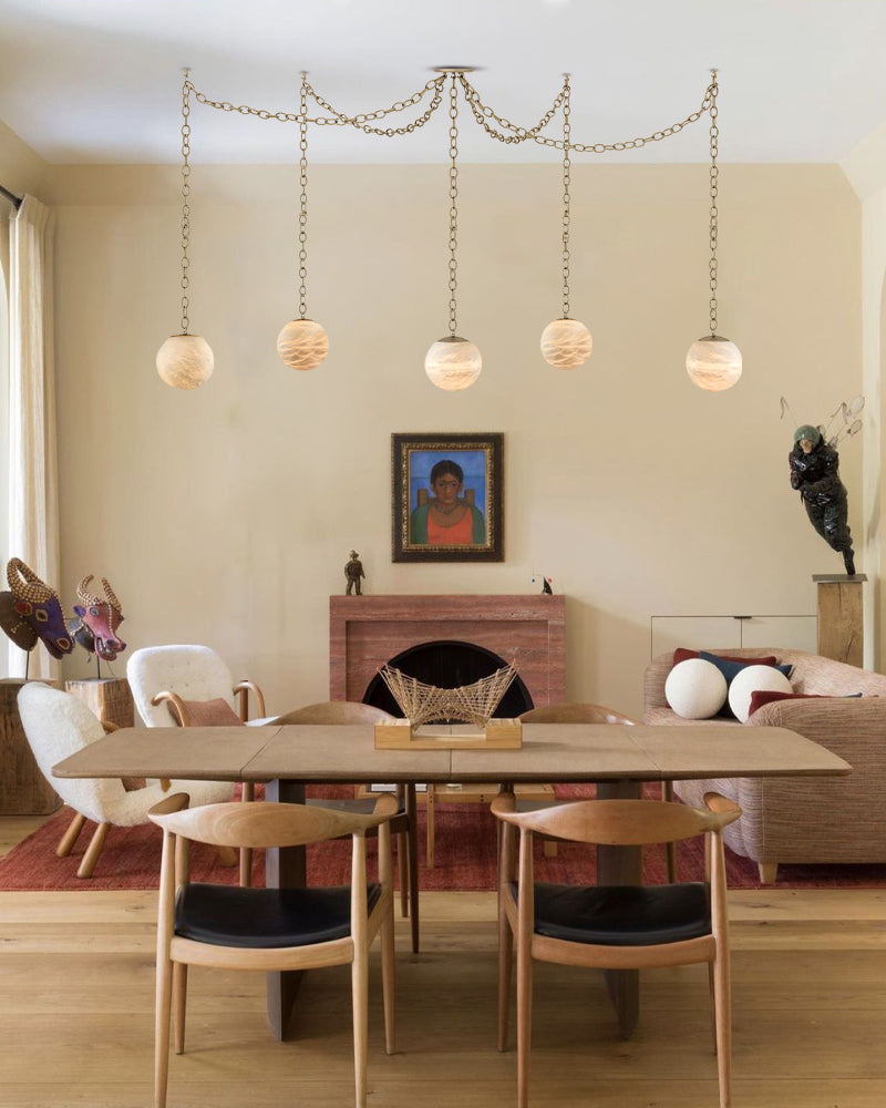 Modern Moon Alabaster Globe Swag Chandelier Wide 6" 8" 10" | Brass/Black Chain