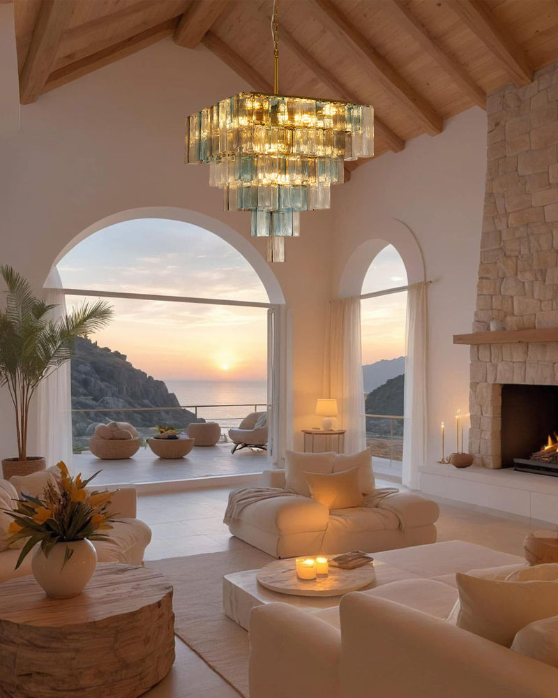 Marrakesh Cascading Waterfall Amber Prism Chandelier - Textured Glass, Lux Gold Trim - Living Rooms, Bedrooms, Dining Rooms