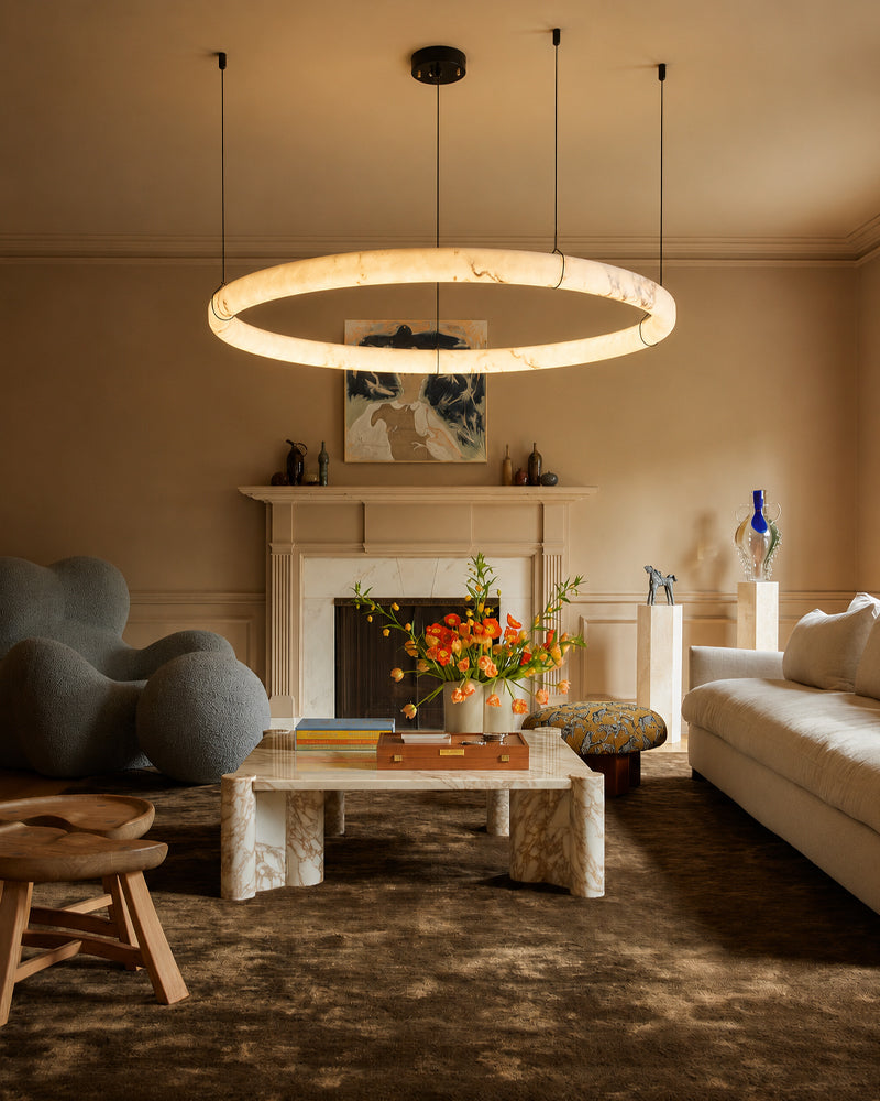 Alabaster Circular Halo Ring Cradled Arch Pendant Light - Natural Spanish Alabaster Rings, Serene Black Trim - Kitchens, Dining & Living Rooms