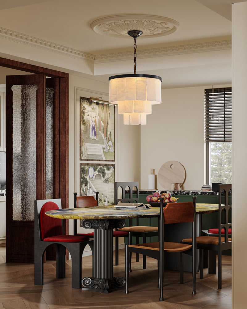 Stylish 7-layer alabaster chandelier above modern dining table