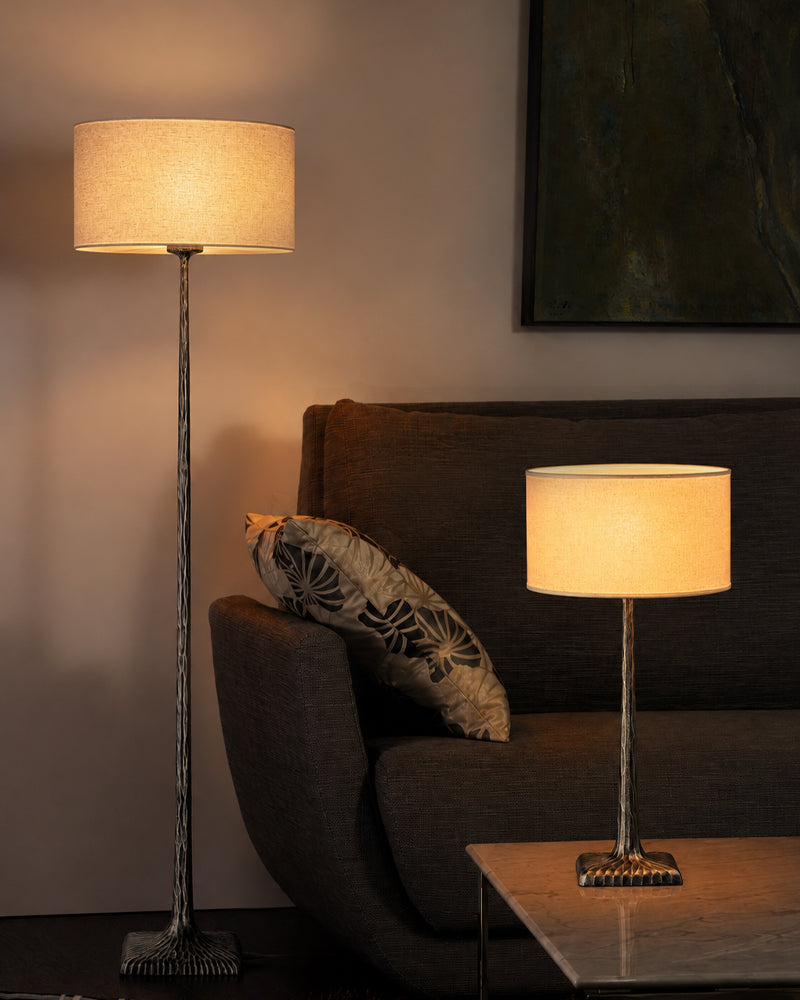 Hammered Brass Tapered Column Drum Floor Lamp - Lux Heritage Brass, Organic Linen Shade - Bedroom & Living Rooms