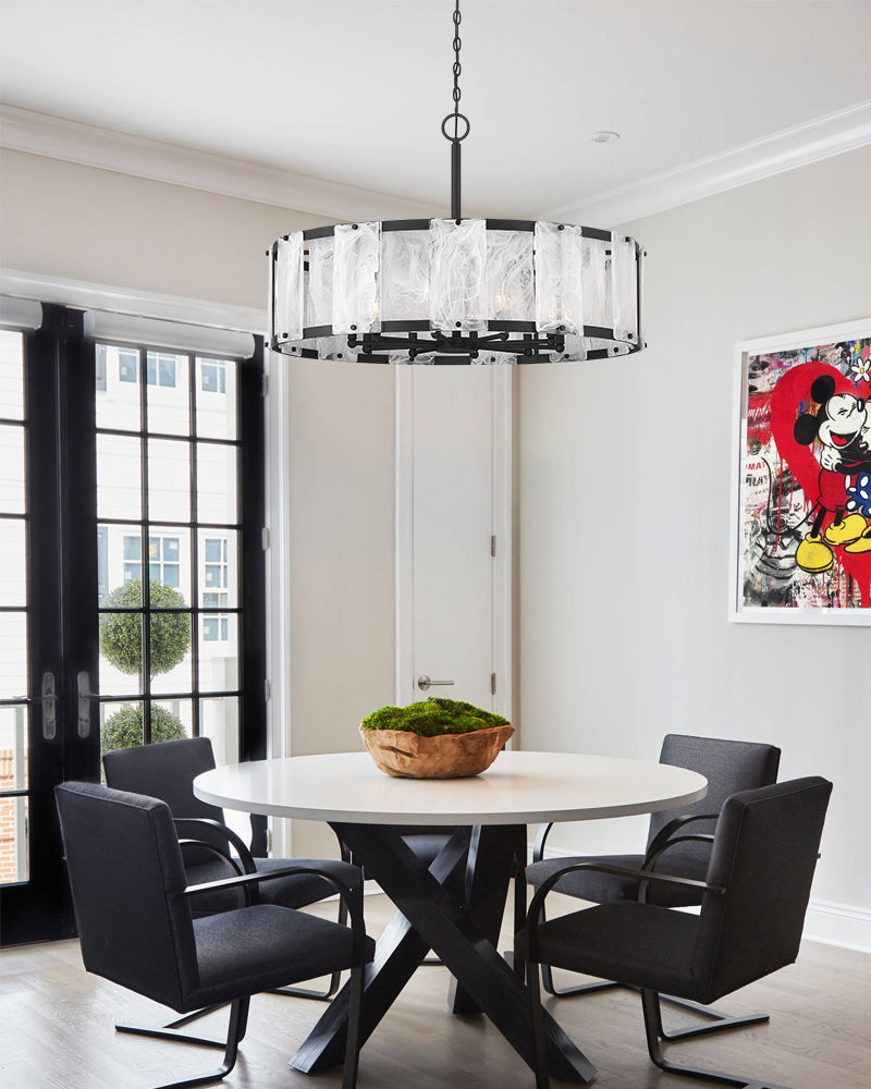 Solstice Ghiaccio Glass Drum Pendant Light - Textured Ice Glass, Lux Gold Trim - Dining Rooms & Living Rooms