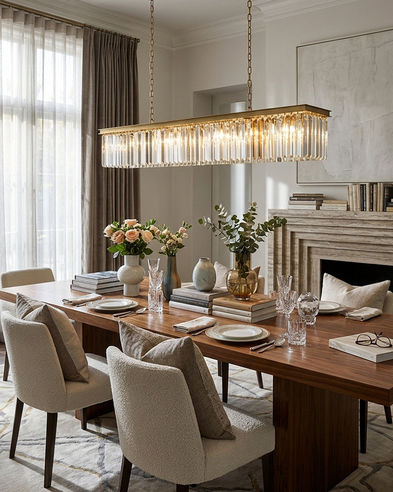 Deauville K9 Crystal Multi Tiered Crystal Prism Rod Linear Chandelier - K9 Crystal, Lux Gold Trim - Kitchen Islands & Dining Rooms