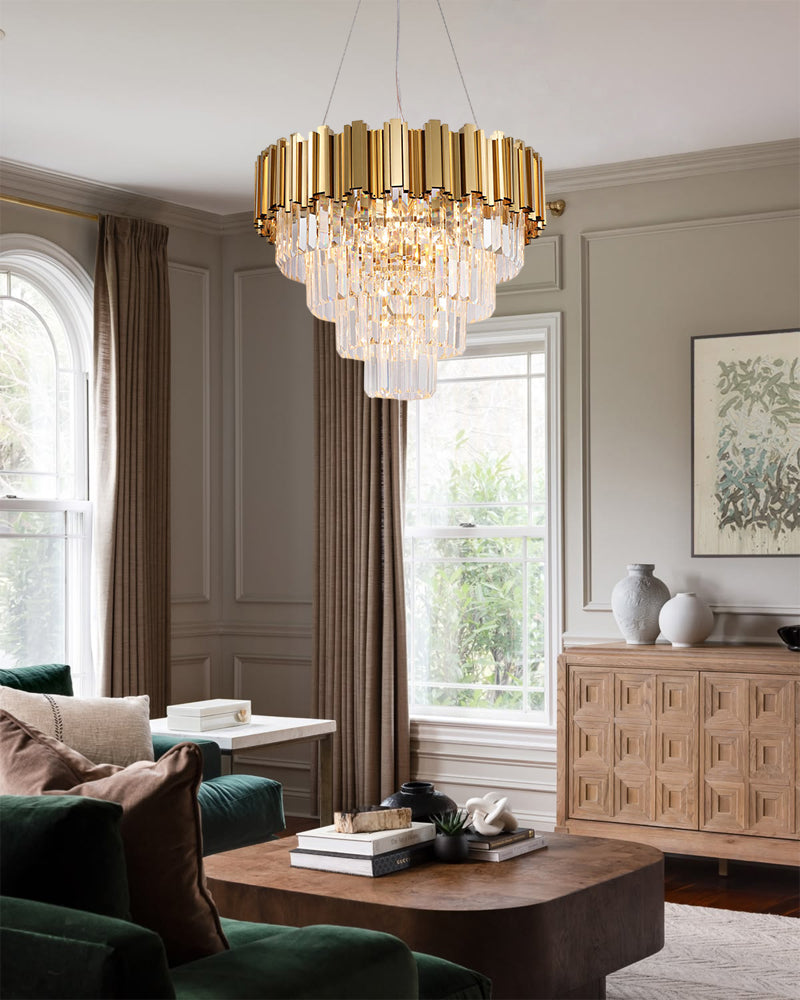 Bordeaux Multi Tiered Golden K9 Crystal Waterfall Chandelier - Lux Gold Trim - Living Rooms, Dining Rooms & Foyers