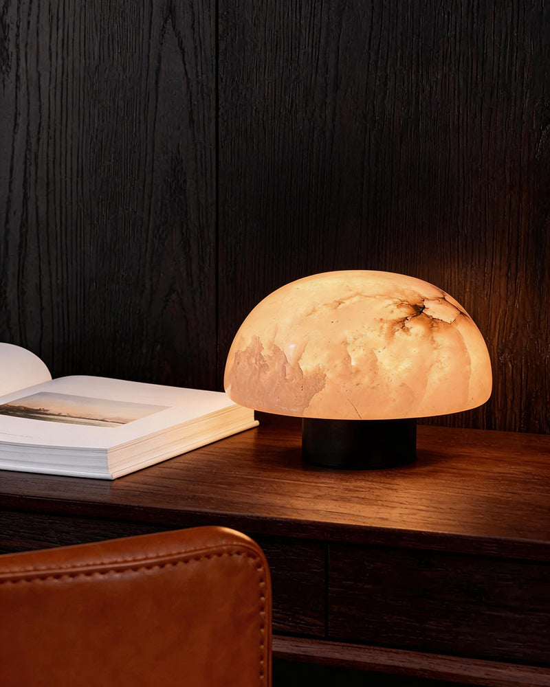 Eclipse Half Moon Alabaster Sphere Table Lamp with Matte Black/Brass Lampshade for Bedroom