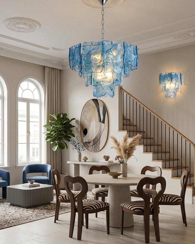 Murano Glass Azure Blue Tiered Ghiaccio Wall Light Sconce - Flush Mount, Lux Brass Trim - Dining Rooms & Living Rooms
