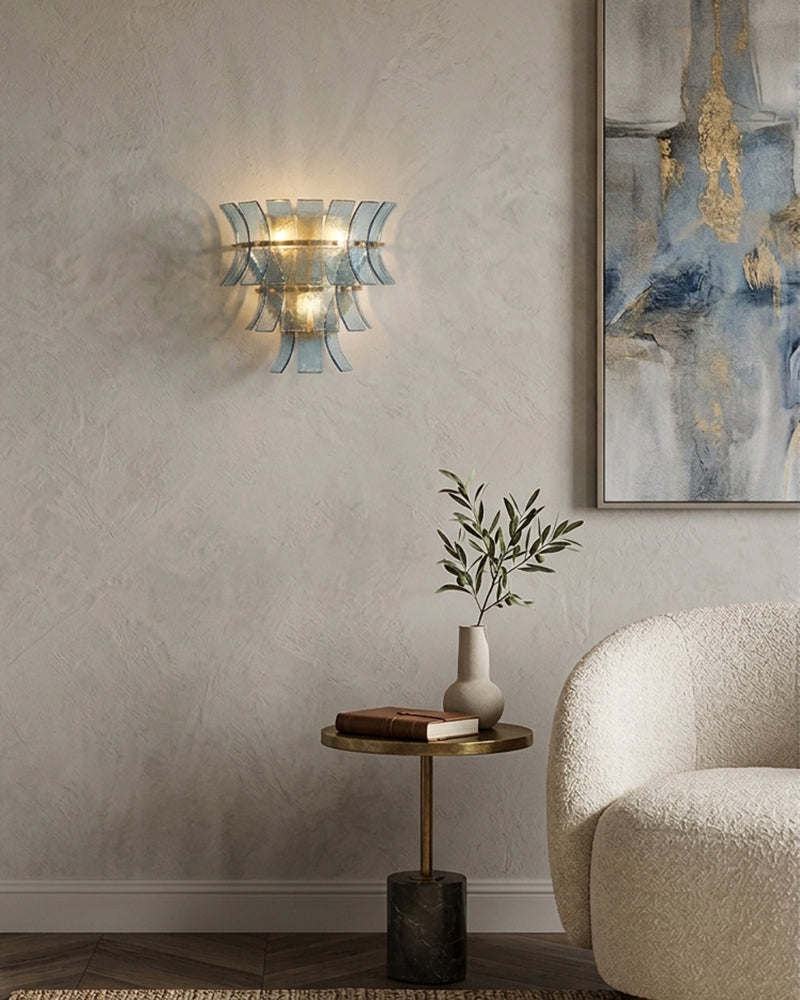 Ghiaccio Glass Azure Blue Cascade Wall Light Sconce - Heritage Brass, Semi Flush Mount - Hallways, Bedrooms & Living Rooms