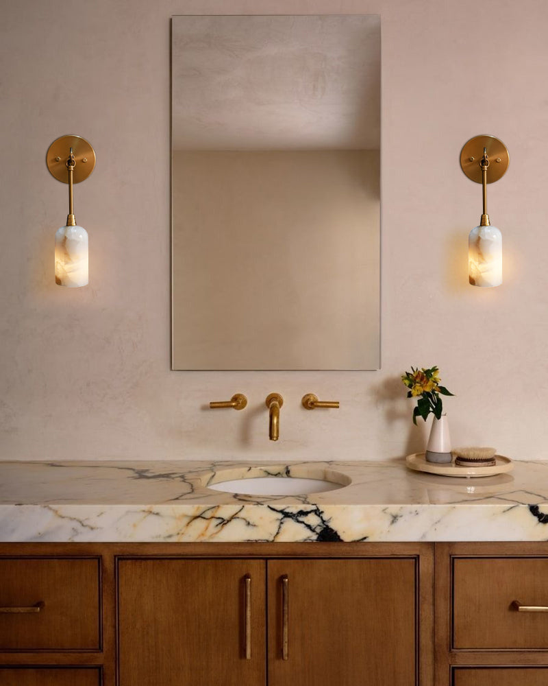 Graceful Alabaster & Brass Wall Sconce | Natural Marble Ambient Light | Mid-Century Modern Luxury Wall Lamp Flush Mounted Wall Sconce Lamp