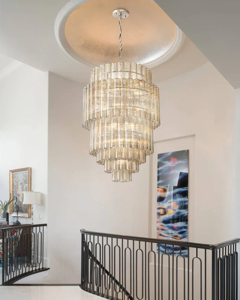 LightsStory Series Geometric Chandelier | Multi-Tiered Durable steel and translucent glass, Polished satin nickel finish for Grand halls, dining spaces, and statement staircases American chandelier