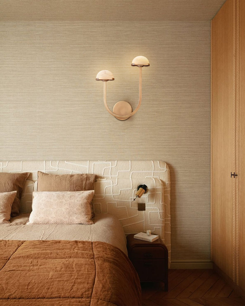 Comporta Series Geometric Wall Sconce | Sculptural Two-Tier Hand-Carved Natural Alabaster, Brass and Black finish for Living Rooms, Hallways, and Bedside Suites Flush Mounted Wall Sconce Lamp