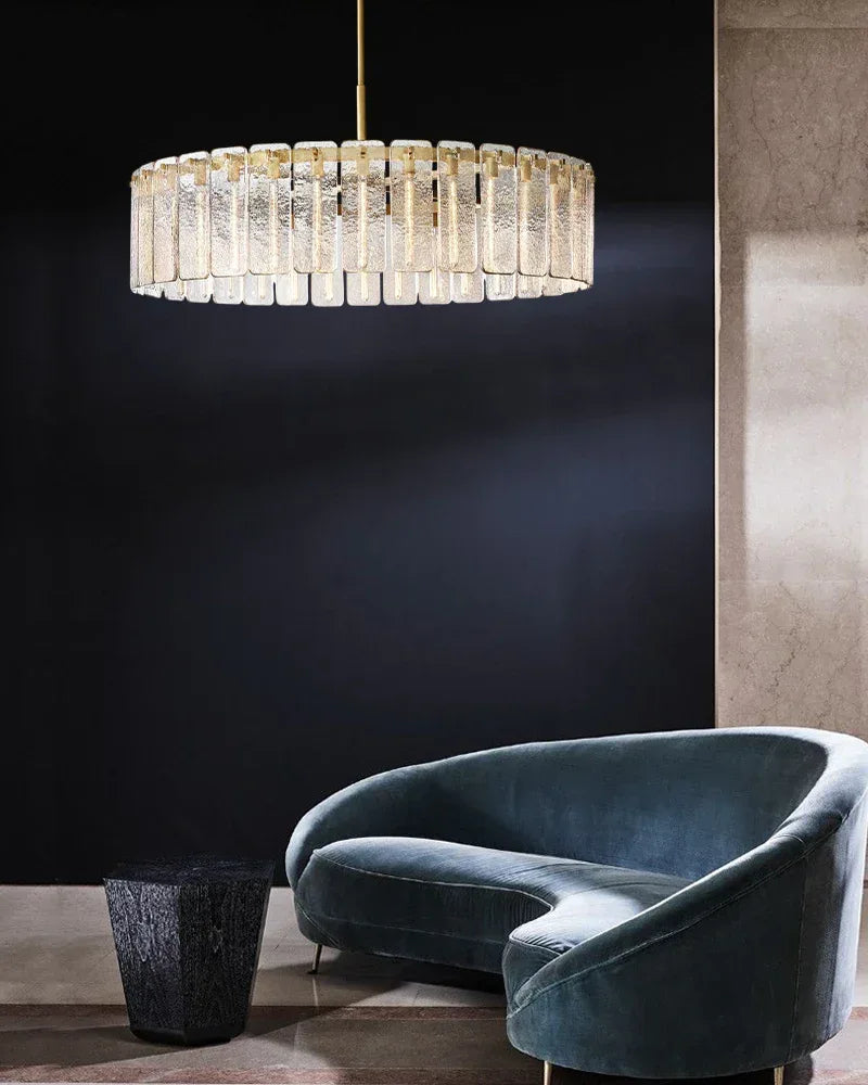 Winchester Series Geometric Chandelier | Round Handcrafted Rippled Cast Glass Panels, Lacquered Burnished Brass and Black for Modern Dining Rooms and Living Spaces American chandelier