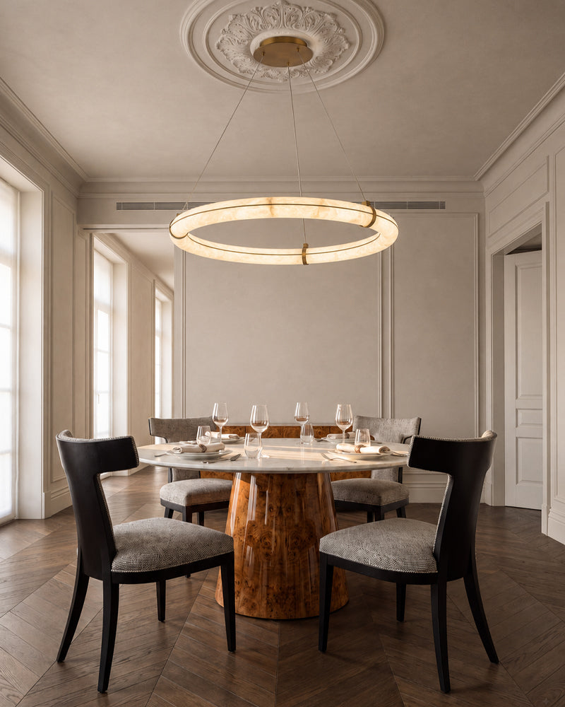 Cora Alabaster Circular Halo Ring Chandelier - Natural Spanish Alabaster, Lux Gold Trim - Dining Rooms & Kitchens