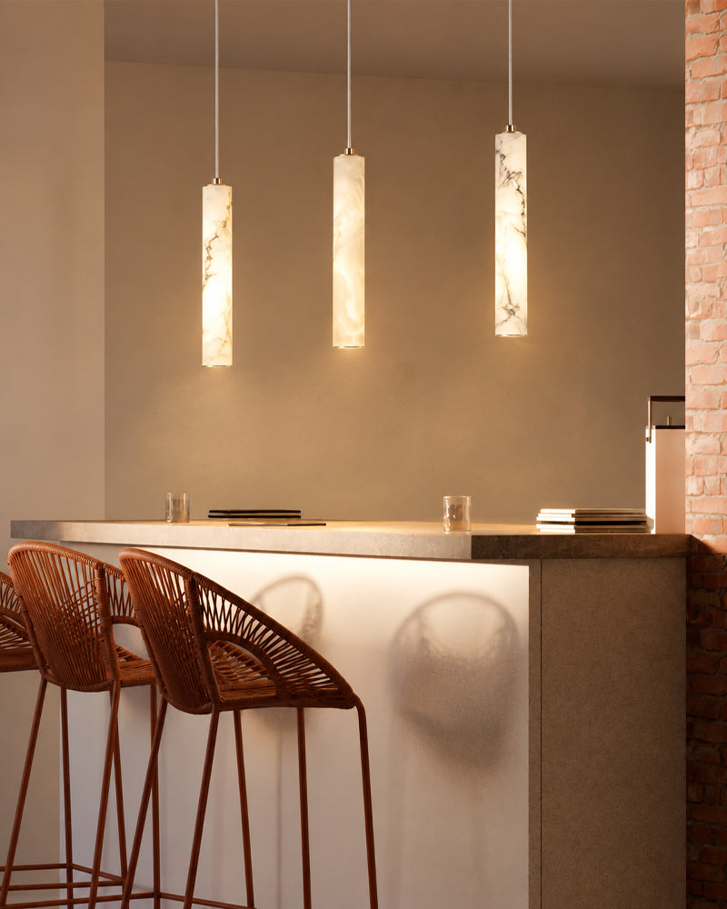 Cora Alabaster Halo Capsule Linear Cluster Pendant Light - Natural Spanish Alabaster, Lux Gold Trim - Kitchen Islands & Dining Rooms