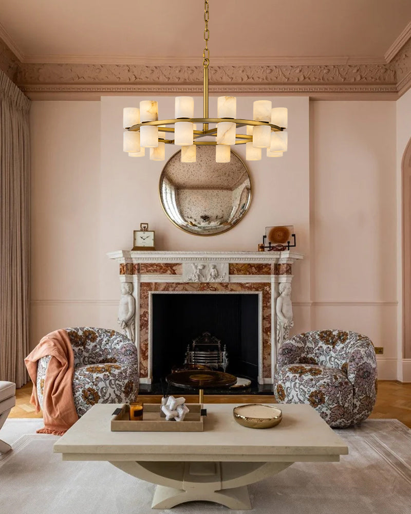 Alabaster Dual Candle Halo Ring Candelabra Chandelier- Natural Spanish Alabaster, Heritage Brass Trim - Living Rooms, Dining Rooms, Lobby, Stairwells