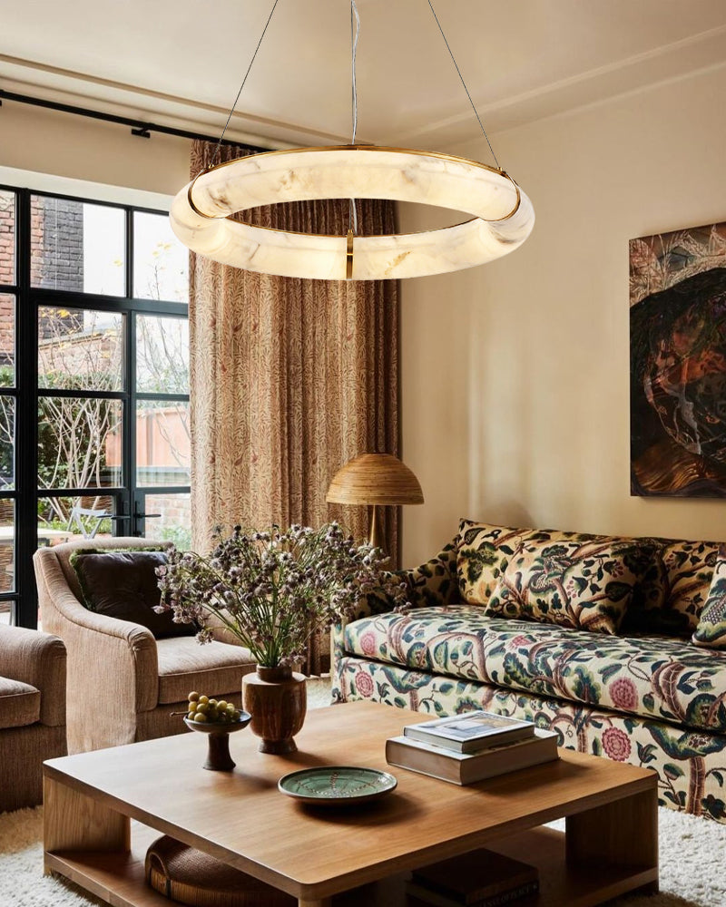 Cora Alabaster Circular Halo Suspended Ring Chandelier - Natural Spanish Alabaster, Lux Gold Trim - Living Rooms & Dining Rooms