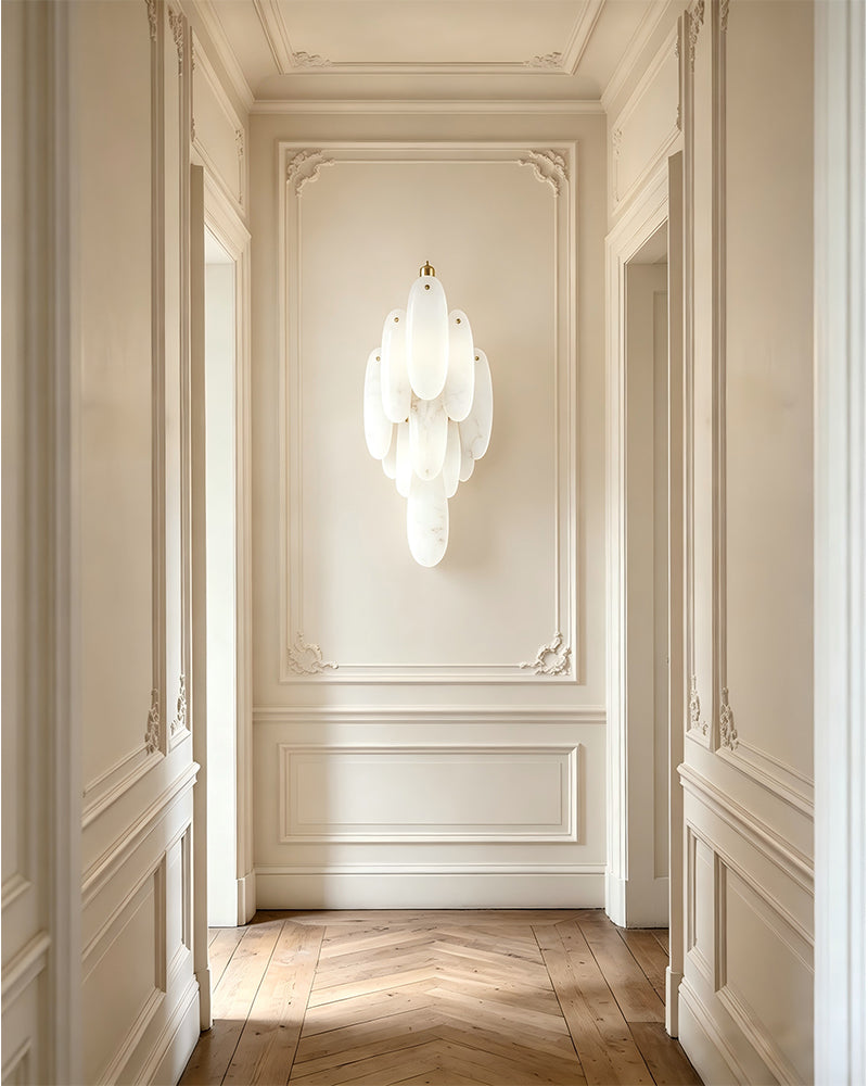 Moritz Alabaster Textured Oval Globe Wall Light - Natural Spanish Alabaster, Serene Matte, Custom Trim - Luxury Home Interior Lighting