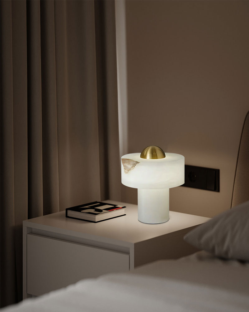 Modern White and Brass Stone Alabaster LED Cosy Table Lamp for bedroom, living room, reading