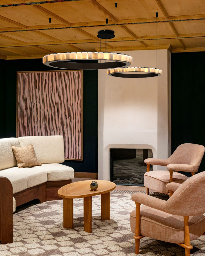 Natural Alabaster Marble Double Circular Chandelier | Black Steel Ring with long cord